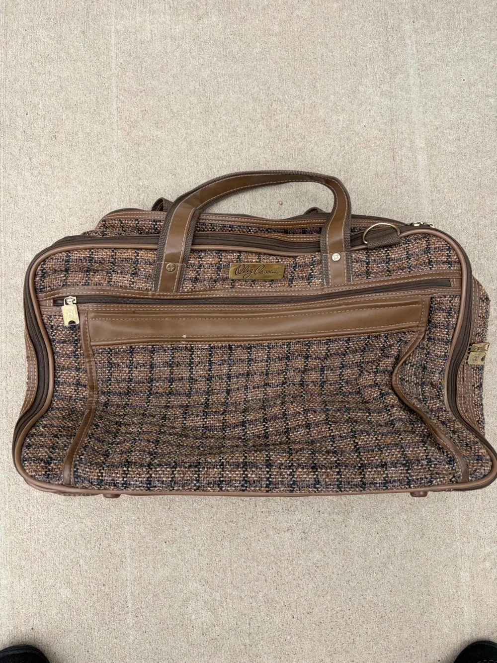 Vintage Oleg Cassini Tweed Travel Bag Suitcase Brown Weekender Shoulder Strap